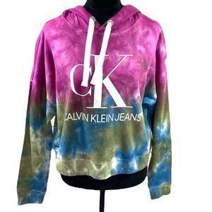 Calvin Klein sz XS violet BOHO tie dye long sleeve cropped CK logo Cotton hoodie